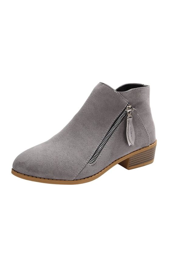Gray Women Chunky Heel Boots Side Zipper Gray Suede Low Heel For Fall Winter Outfits