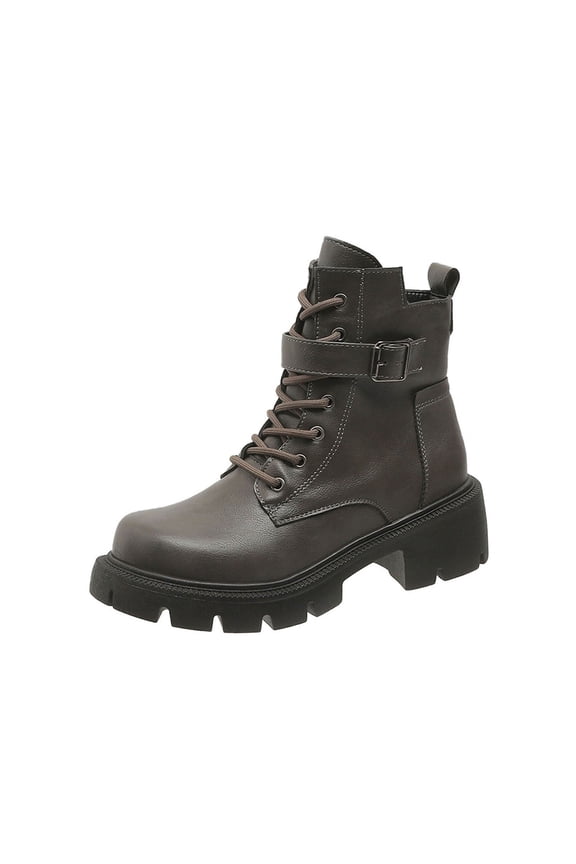 Gray Women Chunky Mid Heel Ankle Boots With Round Toe Lace Up For Winter Walking