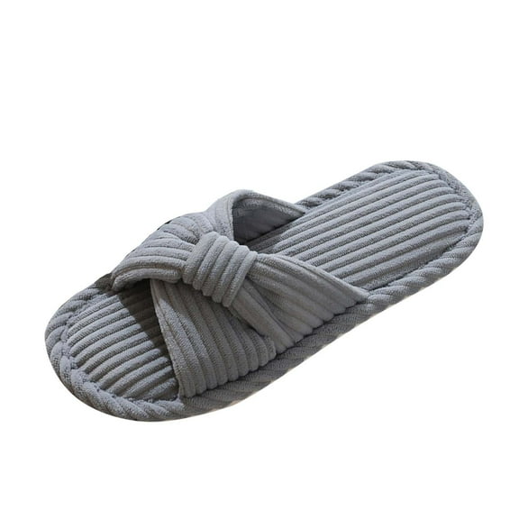 Gray Women Corduroy Wrap Around Flat Sandals Indoor Fall Winter Style Trendy Comfortable House Slippers
