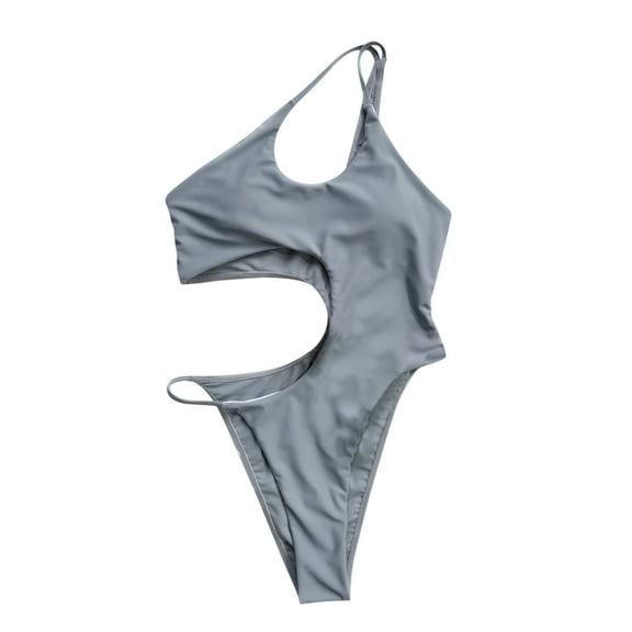 Gray Women Cut Out Eyelet Hawaiian Seamless Tropical Wireless Basic Swimsuits Bikini Tankini for Teen Girls Sleeveless One Shoulder Skew Neck Beach Brunch 2025 L