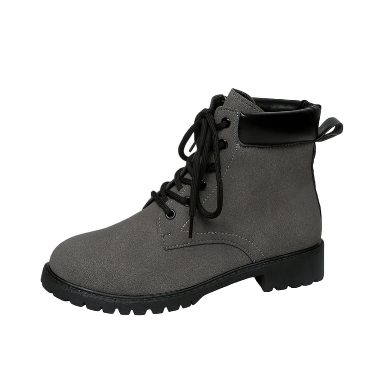 Gray Women Lace Up Ankle Boots Gray Suede Material Chunky 