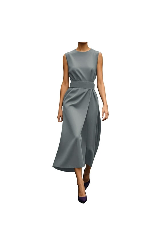 Gray Women Loose Fit Long Crew Neck Dresses for Women Sleeveless Midi Knee Length Brunch Slit Tie Knot Basic Fall Summer 2025 Clothes Y2K M