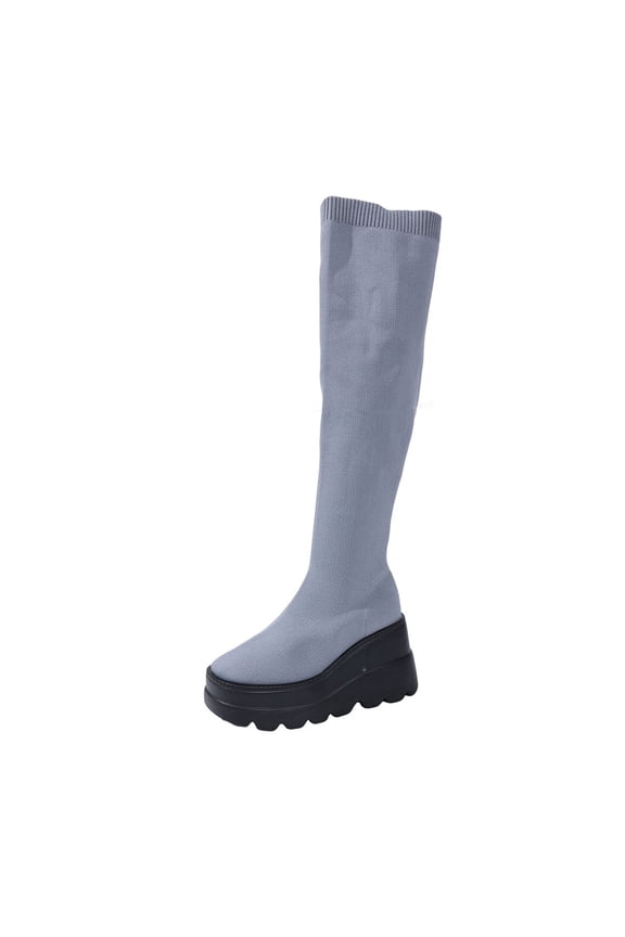 Gray Women'S Casual Winter Boots Fashion Solid Round Toe Thick Bottom Wedge Heel Mesh Elastic Stockings Over-The-Knee Boots Outdoor Indoor Shoes Weight 2.14 Pounds