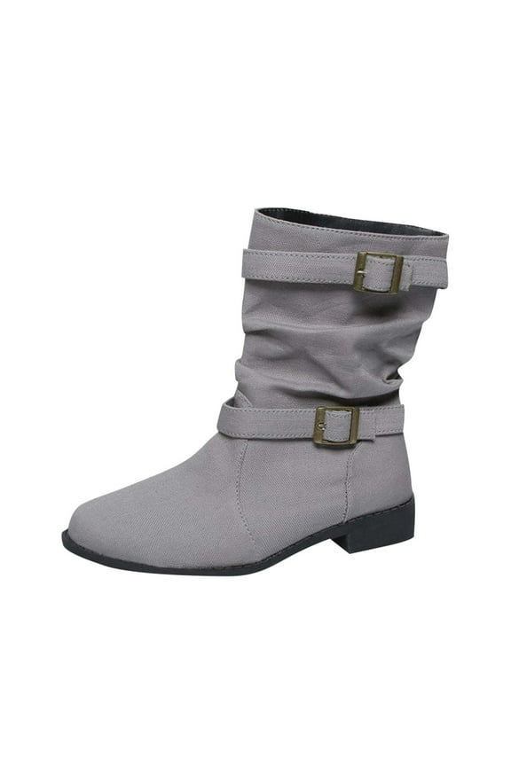 Gray Women'S Denim Booties With Buckle Accent And Comfortable Mid-Heel