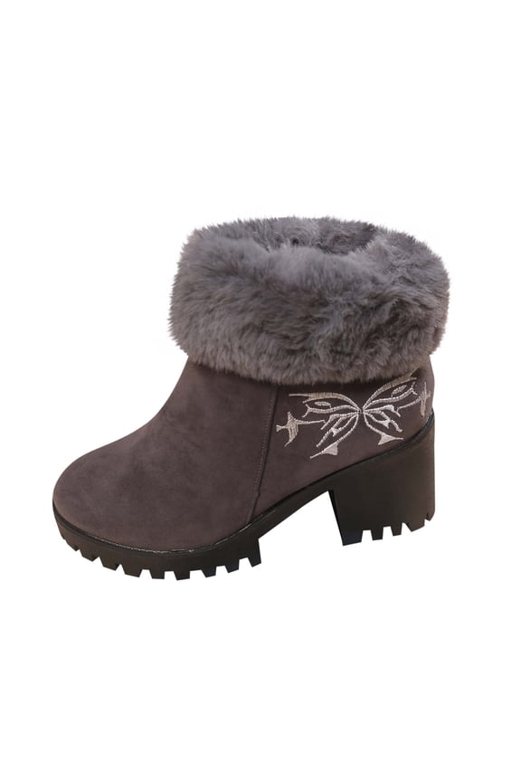 Gray Women'S Embroidery Ankle Boots Chunky Heel Platform Design Short Boots Fashion Casual Fall Winter Comfortable Walking Shoes Flock