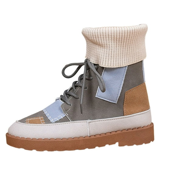Gray Women'S Fashion Casual Winter Ankle Boots Lace Up Mid Calf Round ...