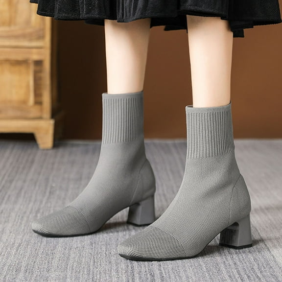 Gray Women'S Knitted Sock Ankle Boots Pointed Toe Chunky High Heel Elastic Solid Color Fashion Casual Shoes Size 37 Eu Weight 1.04 Lb