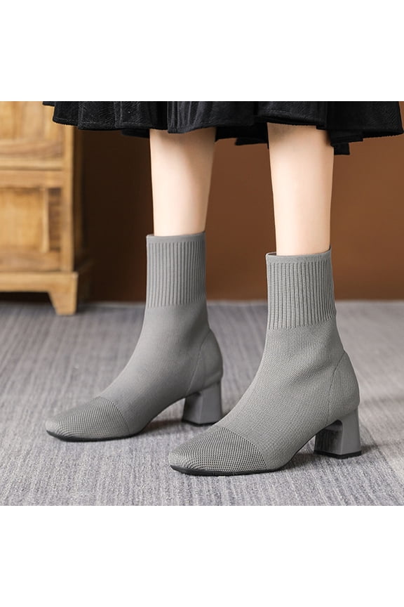 Gray Women'S Knitted Sock Ankle Boots Pointed Toe Chunky High Heel Elastic Solid Color Fashion Casual Shoes Size 37 Eu Weight 1.04 Lb