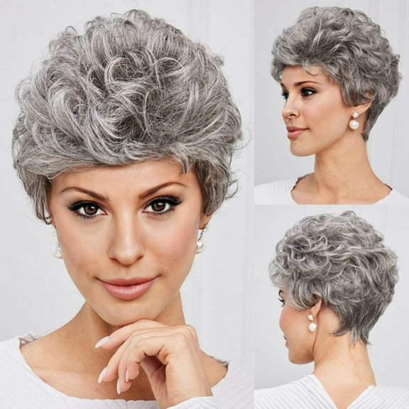 Gray Women'S Pixie Cut Wig Short Curly Wig Gray Short Layered Wig Grey Women'S Synthetic Hair African Wig Wavy Fluffy Tropical-Resistant Fringe Short Wig (Gray)