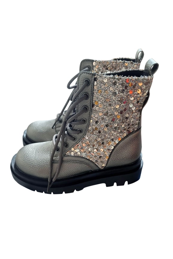 Gray Women'S Round Toe Platform Boots Lace Up High Top Chunky Sole Sparkling Sequin British Style Casual Wear