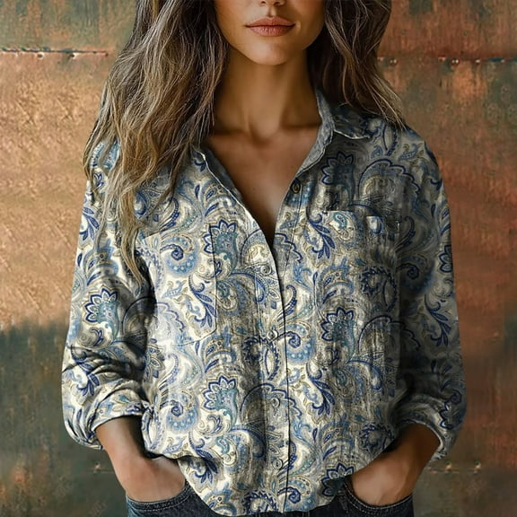 Gray Women Shirts, Women Cotton Shirt Printed Fashion Button Down Shirts Casual Tops Long Sleeve Blouse,Women Shirts XL