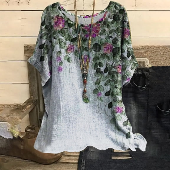 Gray Women Shirts, Women'S Casual Loose Leaf Butterfly Print Round Neck Top,Women Shirts S