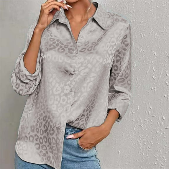 Gray Women Shirts, Women'S Satin Button Down Shirts Roll Up Long Sleeve Lapel V Neck Printed Casual Work Blouses Tops,Women Shirts L