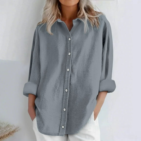 Gray Women Shirts, Womens Daily Casual Linen Shirts Long Sleeve Shirts Tops Casual Blouses Loose Fit Shirt,Women Shirts M