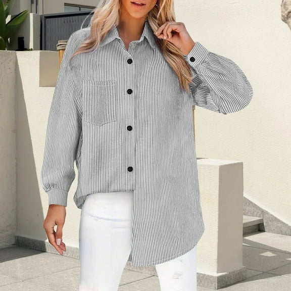 Gray Women Shirts, Womens Daily Casual V Neck Shirts Long Sleeve Collared Blouses Pocket Loose Fit Shirt,Women Shirts M