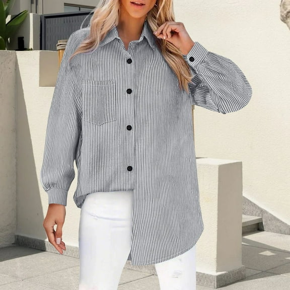 Gray Women Shirts, Womens Daily Casual V Neck Shirts Long Sleeve Collared Blouses Pocket Loose Fit Shirt,Women Shirts M