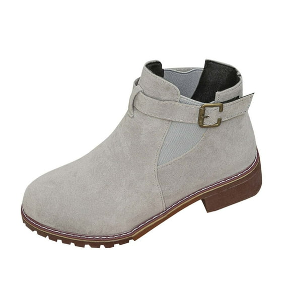 Gray Women Square Heel Boots Belt Buckle Metal Detail Comfortable For Long Wear Ideal For Fall Winter