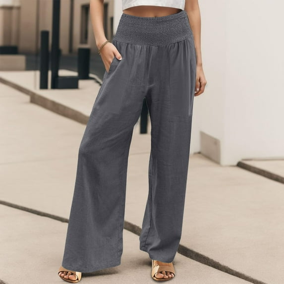 Gray Women's Casual Pants, Linen Pants Women Summer Wide Leg Pants Drawstring Elastic Waist Pants High Waisted Pants Casual Beach Trousers,Women's Casual Pants XL