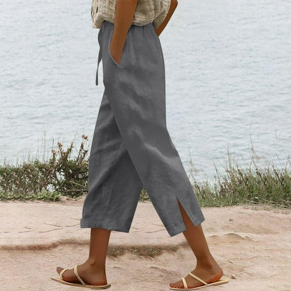 Gray Women's Casual Pants, Women Fashion High Waisted Wide Leg Pants Drawstring Elastic Trousers Comfy Straight Leg Long Pants With Pockets,Women's Casual Pants S