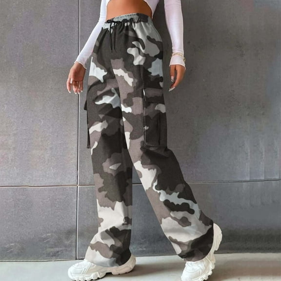 Gray Women's Casual Pants, Women'S Casual Camouflage Print Cargo Pants Drawstring Stretch Elastic Waist Tapered Pants With Pockets,Women's Casual Pants XXL