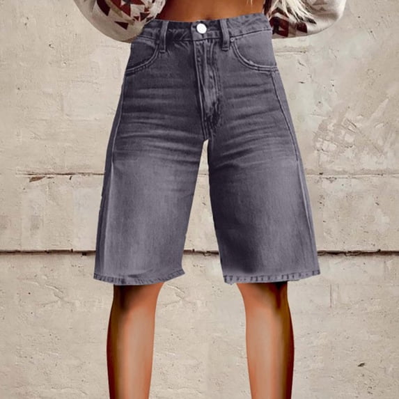 Gray Women's Jeans Flare Denim Shorts for Women Wide Leg Denim Shorts Woman Vintage Floral Print High Waisted Straight Pants with Pockets