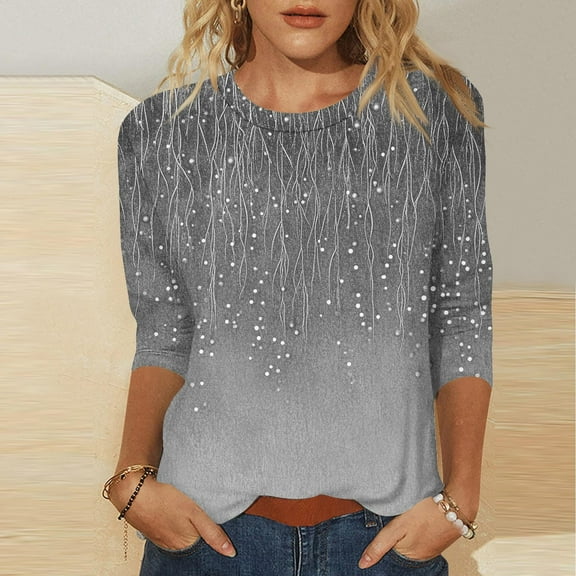 Gray Women's Long Sleeve T-shirt, 3/4 Length Sleeve Womens Tops Casual Round Neck Cute Tops Fashion Loose Fit T Shirts Ladies Tops And Blouses,Women's Long sleeve T-shirt XXL