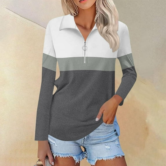 Gray Women's Long Sleeve T-shirt, Women'S 3/4 Sleeve Quarter Zip Shirts Collared V Neck Pullover Top Collared Casual Fall Tunic Color Block Blouses,Women's Long sleeve T-shirt XXL