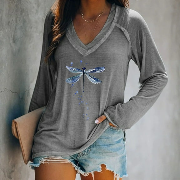 Gray Women's Long Sleeve T-shirt, Women'S T Shirt Blend Printed Long Sleeved V Neck Top,Women's Long sleeve T-shirt L
