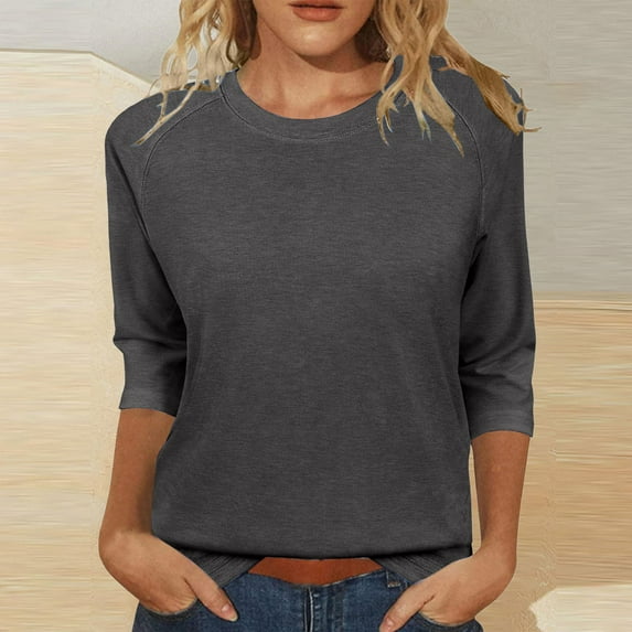 Gray Women's Long Sleeve T-shirt, Womens Tops Casual 3/4 Sleeve Crew Neck Shirts Loose Fit Tunic Blouses Summer Tees,Women's Long sleeve T-shirt M