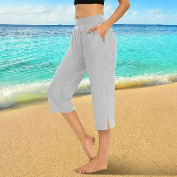 Gray Women's Pants Side Slit Pull On for Women Casual Lightweight Elastic High Waist Pants 2025 Summer