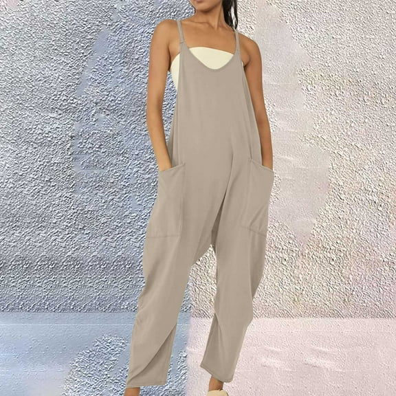 Gray Women's Plus Size Pants, Womens Casual Summer Jumpsuit Sleeveless Loose Solid Color Comfortable Strap Loose Jumpsuit Pocket Jumpsuit For Women,Women's Plus Size Pants XL