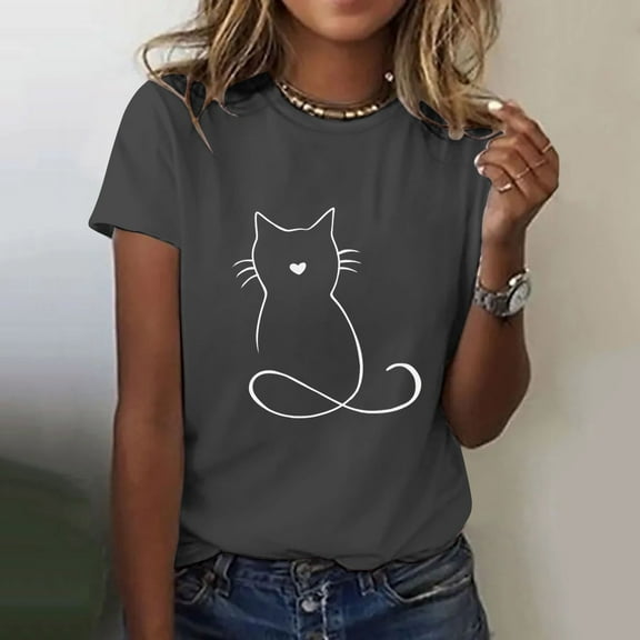 Gray Women's Short Sleeve T-shirt, Ladies Line Print Shirt Short Sleeve Round Neck T Shirt Fashion Top Lightweight Soft Casual Summer Clothing Clothes,Women's Short sleeve T-shirt S
