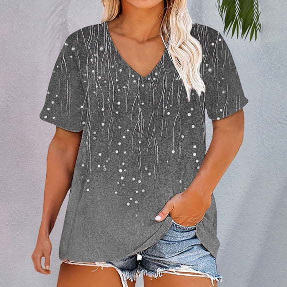 Gray Women's Short Sleeve T-shirt, Plus Size V Neck T Shirts Women Short Sleeve Tops Casual Summer Tshirts Loose Fit Tee,Women's Short sleeve T-shirt XL