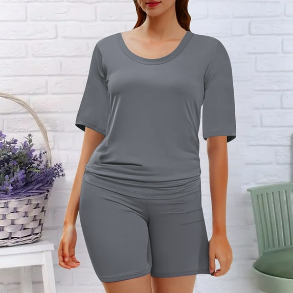 Gray Women's Short Sleeve T-shirt, Two Outfits For Women Short Sleeve Casual Biker Shorts Set,Women's Short sleeve T-shirt S