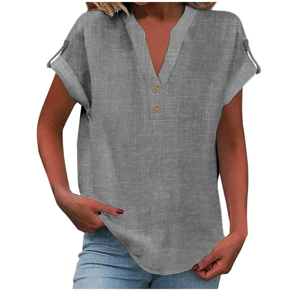Gray Women's Short Sleeve T-shirt, Women'S Fashion Casual V Neck Button Down Short Sleeve Top T Shirt,Women's Short sleeve T-shirt 4XL