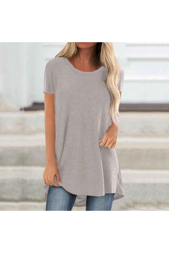 Gray Women's Short Sleeve T-shirt, Women'S Spring And Summer Solid Color Rag Shoulder Long T Shirt Round Neck Loose Short Sleeved Pullover Top For Women,Women's Short sleeve T-shirt L