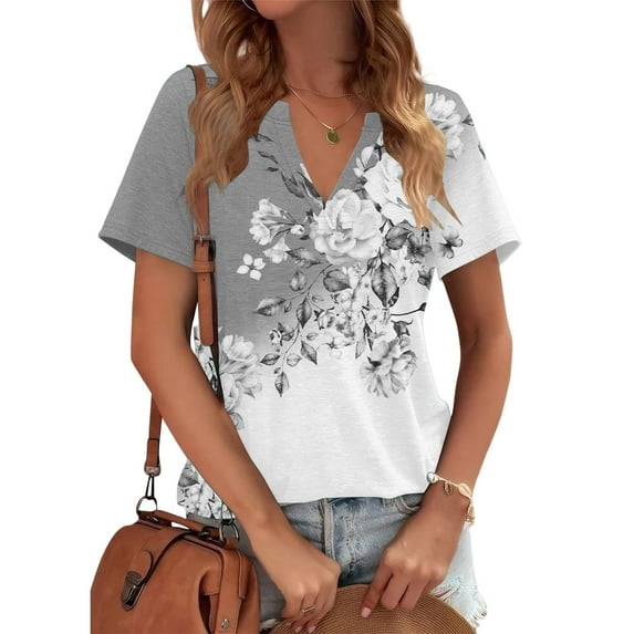 Gray Women's Short Sleeve T-shirt, Womens Tops Summer Short Sleeve V Neck Blouses Business Casual Loose Fit Tshirts Trendy Fashion Outfits,Women's Short sleeve T-shirt XL