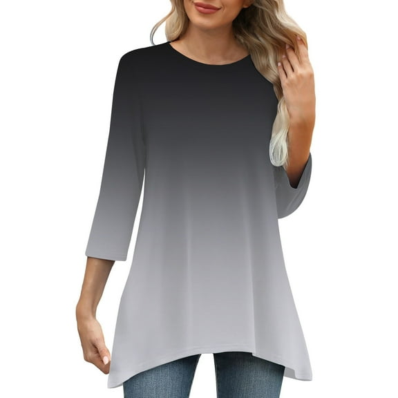 Gray Womens Blouses Casual Loose Round Neck Mid Length Sleeve Ladies Top Asymmetrical Summer Tops for Women