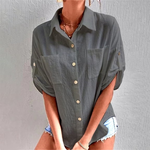 Gray Womens Blouses Ladies' Fashionable Casual Cotton and Linen Solid Color Button Pocket Fashionable Shirt Top Summer Tops for Women