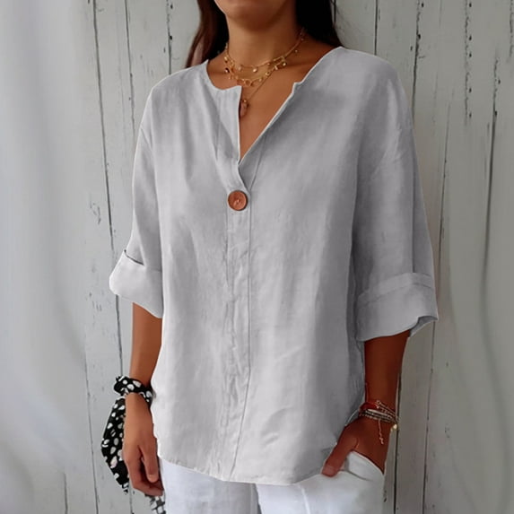 Gray Womens Blouses Linen Shirt for Women Summer Cotton and Linen V Neck 3/4 Sleeve Top Loose Holiday Beach Shirt Tunic Top Ladies Tops and Blouses