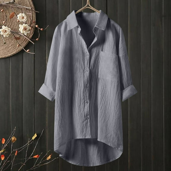 Gray Womens Blouses Muslin Blouse Women's Cotton Linen Long Sleeve V Neck Elegant Shirt Tops Loose Oversize Linen Blouse Down Lightweight Shirt Blouse Ladies Tops and Blouses