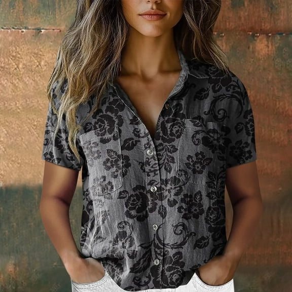 Gray Womens Blouses Women Cotton Shirt Printed Fashion Down Shirts Casual Tops Short Sleeve Blouse Ladies Tops and Blouses