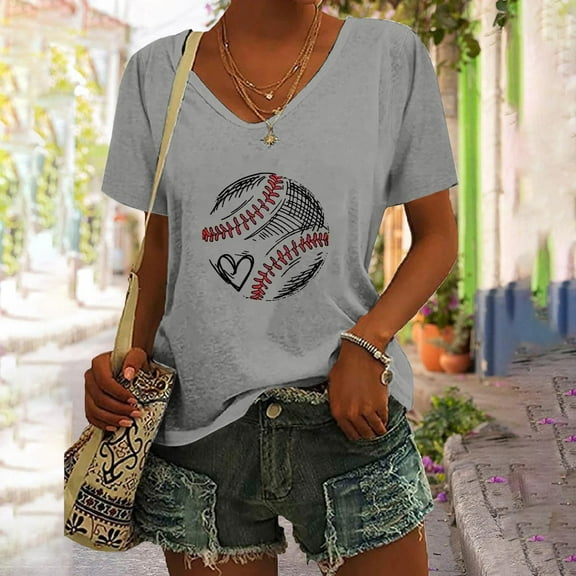 Gray Womens Blouses Women's Baseball Festival Solid Color Baseball Printed V Neck Short Sleeved Top Ladies Tops and Blouses