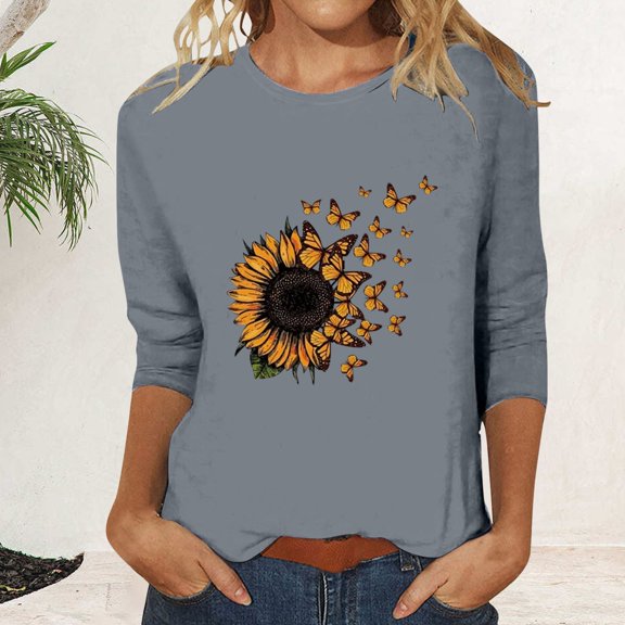 Gray Womens Blouses Women's Crew Neck Printed Seven Quarter Sleeve Casual T Shirt Top Ladies Tops and Blouses