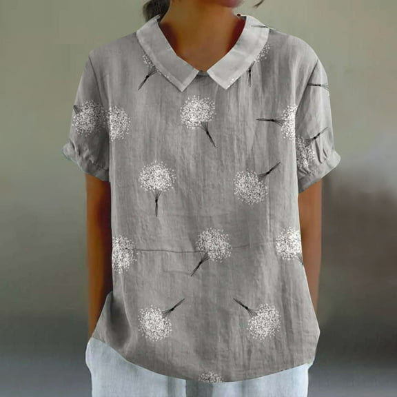 Gray Womens Blouses Women's Linen Lapel Art Floral Round Neck Button Loose Pullover Top Casual Shirt T Shirt Ladies Tops and Blouses
