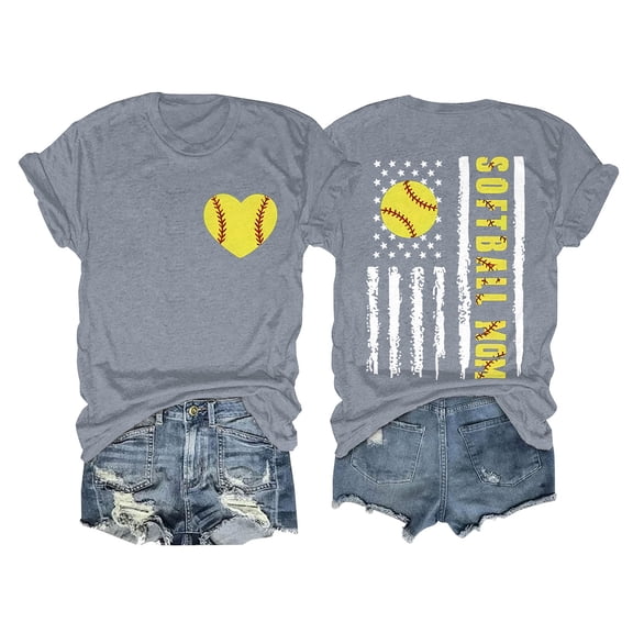 Gray Womens Blouses Women's SOFTBALL MOM Baseball Print Loose T Shirt Short Sleeve Top Ladies Tops and Blouses