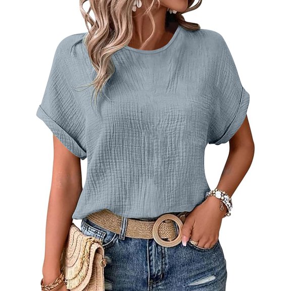 Gray Womens Blouses Women's Summer Solid Color Casual Loose Double Wrinkle Solid Color Round Neck Short Sleeved T Shirt Summer Tops for Women