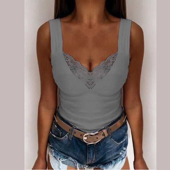 Gray Womens Blouses Women's Summer V Neck Solid Color Sexy Lace Camisole Vest Ladies Tops and Blouses