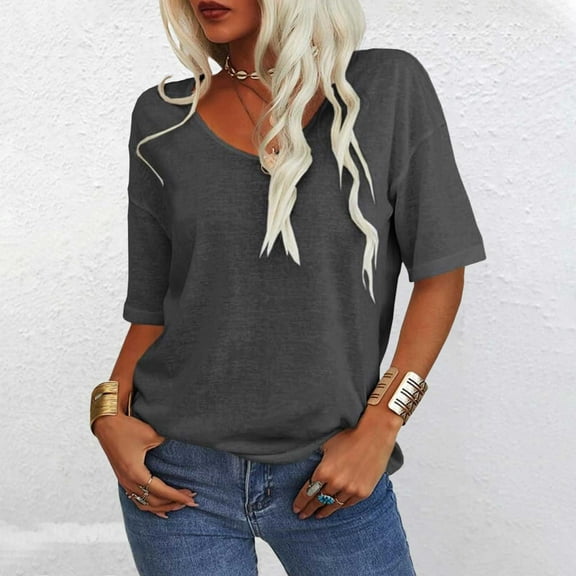 Gray Womens Blouses Women's T Shirt V Neck Half Sleeve Loose Shirt Casual Solid Color Basic Top Ladies Tops and Blouses