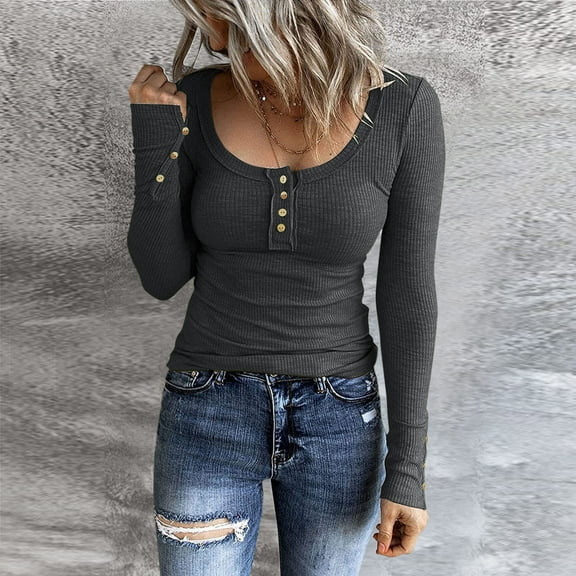 Gray Womens Button Down Shirts, Long Sleeve Schools Out for Summer Tshirt, Polyester T-Shirts for Women, Women Long Sleeve Henley T Shirts Button Down Slim Fit Tops Scoop Neck Ribbed Knit